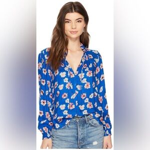 Lucky Brand Boho Blue Floral Blouse Size X-Large Long Sleeve Cold Shoulder